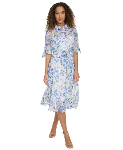 Calvin Klein Women's Floral-print Button-front Chiffon Dress In Cream Multi