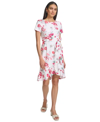 Calvin Klein Women's Floral-print Faux-wrap Dress In Cream Hibi