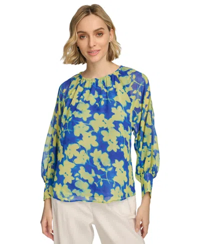 Calvin Klein Women's Floral-print Gathered Cold-shoulder Blouse In Dazzling Blue Multi