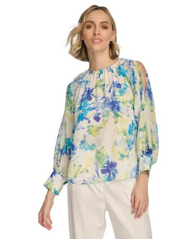 Calvin Klein Women's Floral-print Gathered Cold-shoulder Blouse In Pear Multi