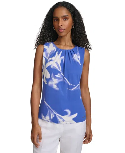 Calvin Klein Women's Floral-print Pleated-neck Sleeveless Top In Dz Blu Mlt