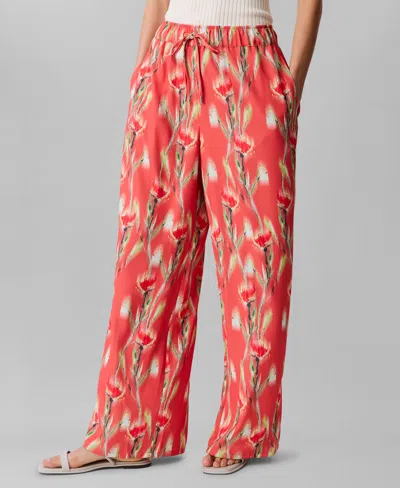 Calvin Klein Women's Floral-print Pull-on Drawstring Pants In Orange Floral