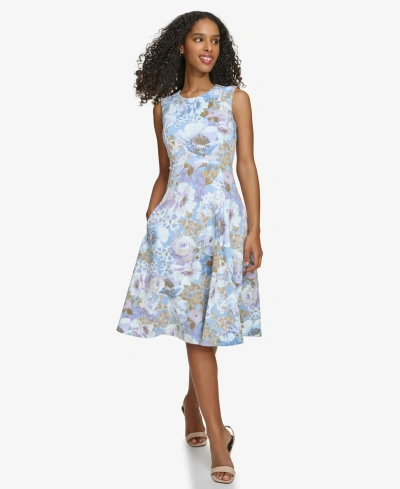 Calvin Klein Women's Floral-print Sleeveless Fit & Flare Dress In Blue Multicolor