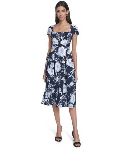 Calvin Klein Women's Floral Print Square Neck Dress In Blue