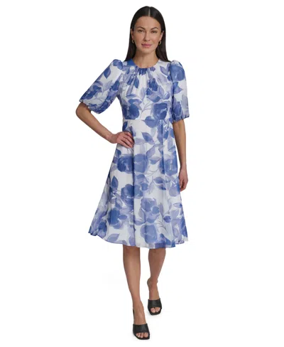 Calvin Klein Women's Floral Puff-sleeve Crewneck Midi Dress In Blue