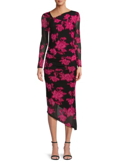 Calvin Klein Women's Floral Ruched Asymmetric Midi Dress In Black Pink