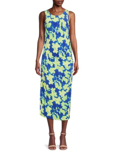 Calvin Klein Women's Floral Ruched Midi Dress In Blue Multi