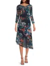 Calvin Klein Ruched Sleeve Mesh Midi Dress In Indigo Multi