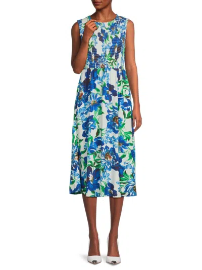 Calvin Klein Women's Floral Smocked Midi-dress In Blue