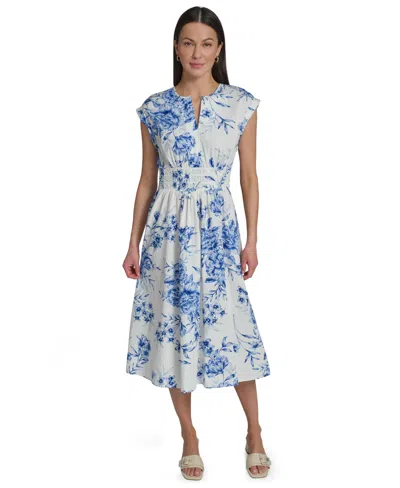 Calvin Klein Women's Floral Smocked V-neck A-line Midi Dress In White