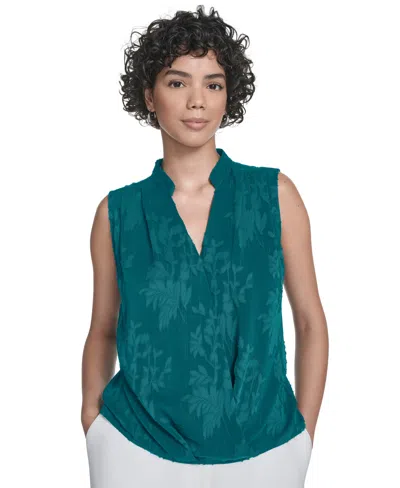 Calvin Klein Women's Floral Surplice-neck Sleeveless Blouse In Green