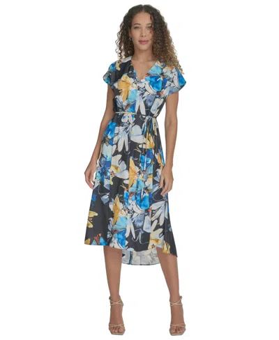 Calvin Klein Women's Floral Tie-waist High-low Midi Dress In Black Multi