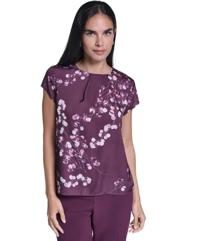 Calvin Klein Women's Floral V-neck Cap-sleeve Blouse In Purple