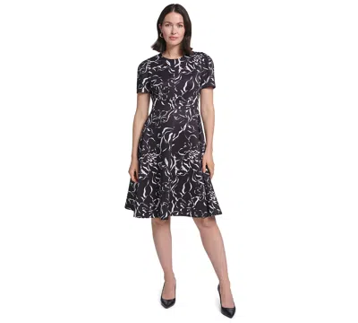 Calvin Klein Womens Floral Print Fit Flare Midi Dress In Black