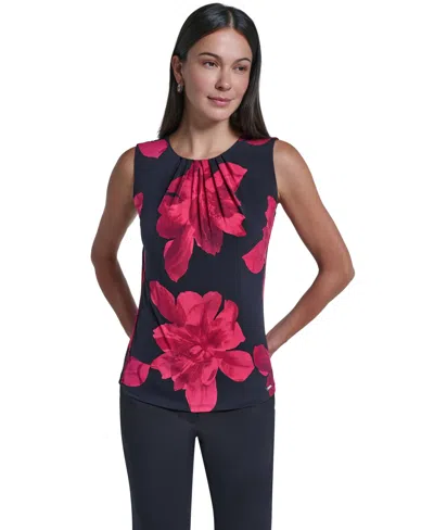 Calvin Klein Women's Floral-print Pleated Sleeveless Blouse In Multi