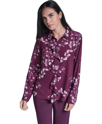 Calvin Klein Women's Floral-print Ruffled-front Long-sleeve Blouse In Blue