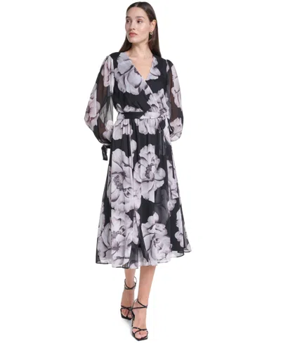 Calvin Klein Women's Floral-print V-neck Bishop-sleeve Midi Dress In Black