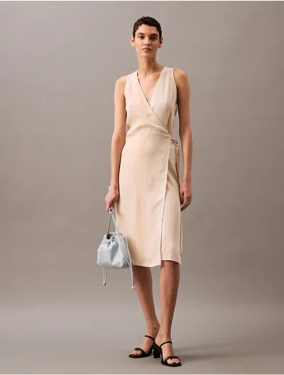 Calvin Klein Women's Flowing Stripe Midi Wrap Dress In Antique White