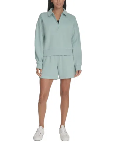 Calvin Klein Women's French Terry Collared Half-zip Pullover Top In Blue Surf