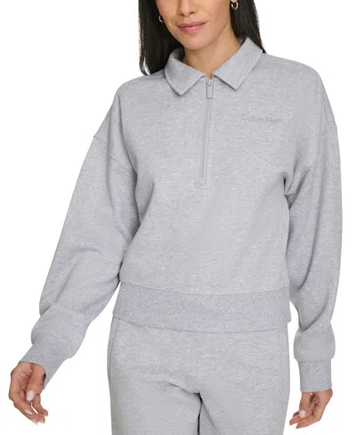 Calvin Klein Women's French Terry Collared Half-zip Pullover Top In Pearl Grey Heather