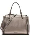 Calvin Klein Garnet Triple Compartment Top Zipper Metallic Satchel In Gray
