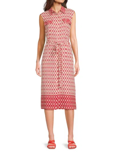 Calvin Klein Women's Geometric-print Sleeveless Belted Midi-dress In Red