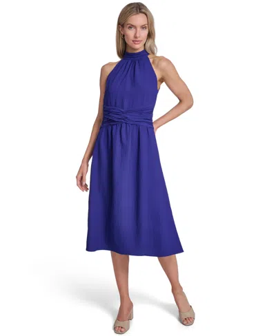 Calvin Klein Women's Halter Neck Twist-waist Midi Dress In Blue