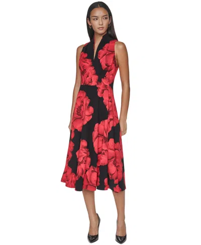 Calvin Klein Women's Halter V-neck Floral-print Midi Dress In Black,red Multi