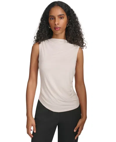 Calvin Klein Women's High-neck Ruched-side Sleeveless Top In Stony Beig