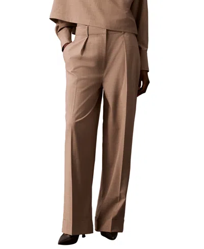 Calvin Klein Women's High-rise Wide-leg Pleated Pants In Light Iron Melange