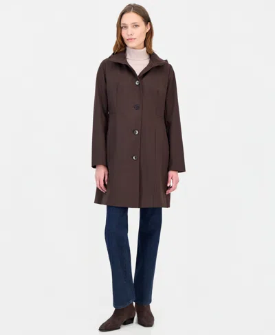 Calvin Klein Women's Hooded Button-front Knit Collar Coat In Black Coffee