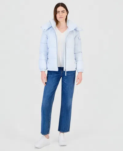 Calvin Klein Women's Hooded Short Faux Fur Collar Puffer Coat, Created For Macy's In Blue