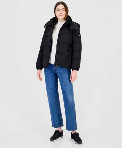 Calvin Klein Women's Hooded Short Faux Fur Collar Puffer Coat, Created For Macy's In Blue