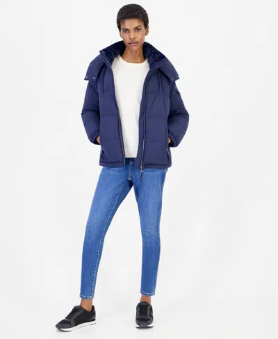 Calvin Klein Women's Hooded Short Faux Fur Collar Puffer Coat, Created For Macy's In Blue