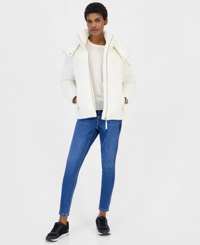 Calvin Klein Women's Hooded Short Faux Fur Collar Puffer Coat, Created For Macy's In White