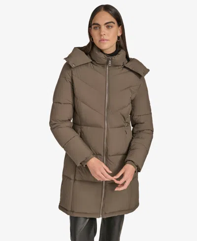 Calvin Klein Women's Hooded Stand Collar Puffer Coat In Brown