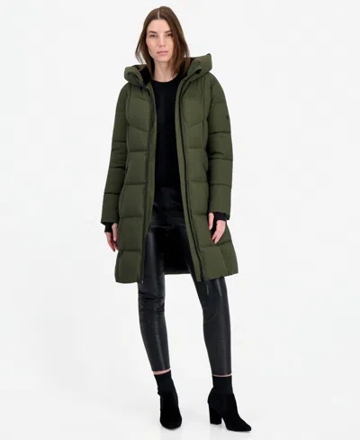 Calvin Klein Women's Hooded Zippered Puffer Coat In Olive Night