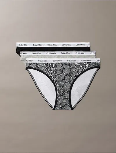 Calvin Klein Women's Icon Logo 3-pack Bikini In Black/ Grey Heather/ Marble Snake Small Black