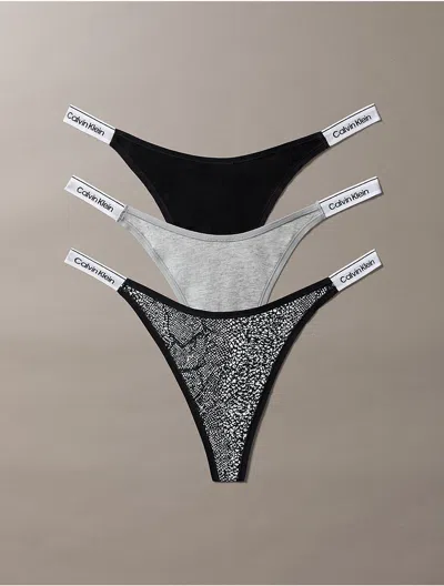 Calvin Klein Women's Icon Logo 3-pack Dipped Thong In Black/ Grey Heather/ Marble Snake Small Black