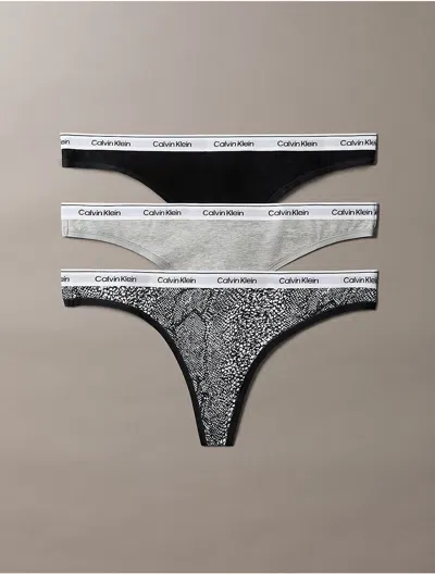 Calvin Klein Women's Icon Logo 3-pack Low Rise Thong In Black/ Grey Heather/ Marble Snake Small Black
