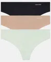 Calvin Klein Invisibles 3-pack Thongs In Black,cedar,lime Crme
