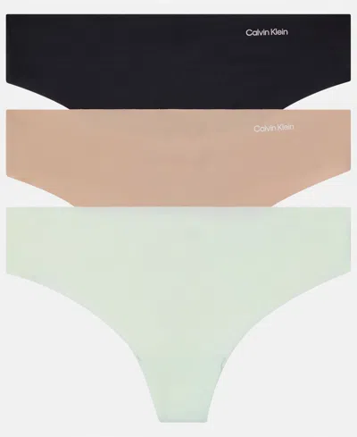 Calvin Klein Women's Invisibles 3-pack Thong Underwear Qd3558 In Black,cedar,lime Crme