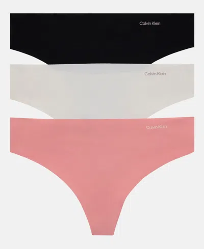 Calvin Klein Women's Invisibles 3-pack Thong Underwear Qd3558 In Black,wind Chime,luminous Peach