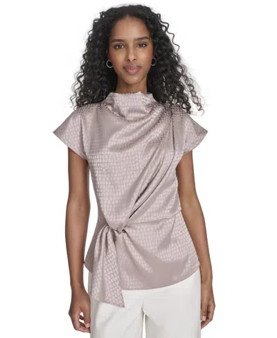 Calvin Klein Women's Jacquard Mock Neck Short-sleeve Top In Soft Taupe,soft Taupe