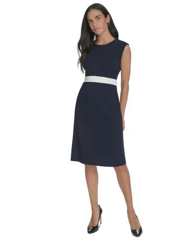 Calvin Klein Women's Jewel-neck Sleeveless A-line Dress In Indigo White