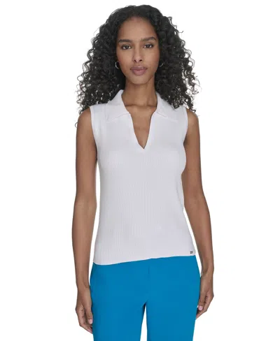 Calvin Klein Women's Johnny-collar Sleeveless Sweater In White
