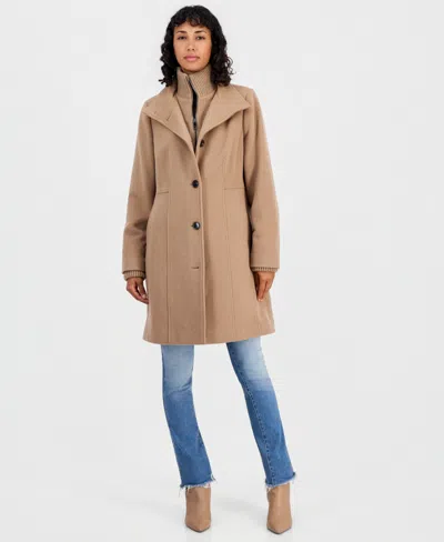 Calvin Klein Women's Knit Bibbed Walker Coat In Camel