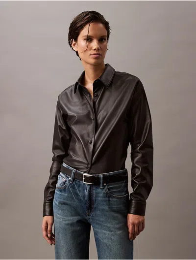 Calvin Klein Women's Lamb Leather Button-down Shirt In Black