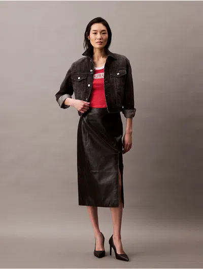 Calvin Klein Women's Lamb Leather Midi Skirt In Black
