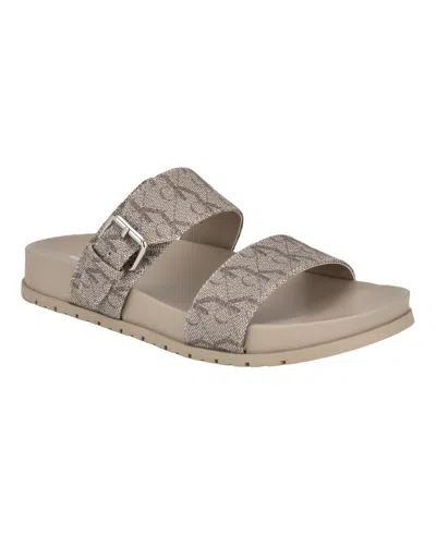 Calvin Klein Women's Landesa Double Band Flat Slip-on Sandals In Dark Natural Logo